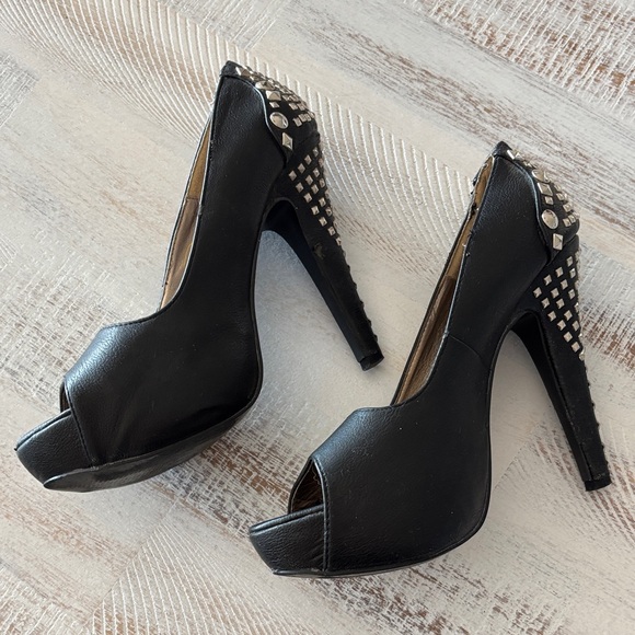 Yoki Black Peep-Toe Heels with Studded Detail - Picture 6 of 6